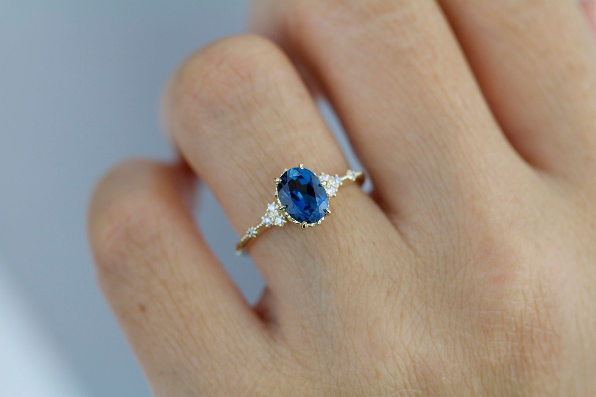 Oval engagement ring, delicate London Blue topaz and diamond ring | R 349LBT