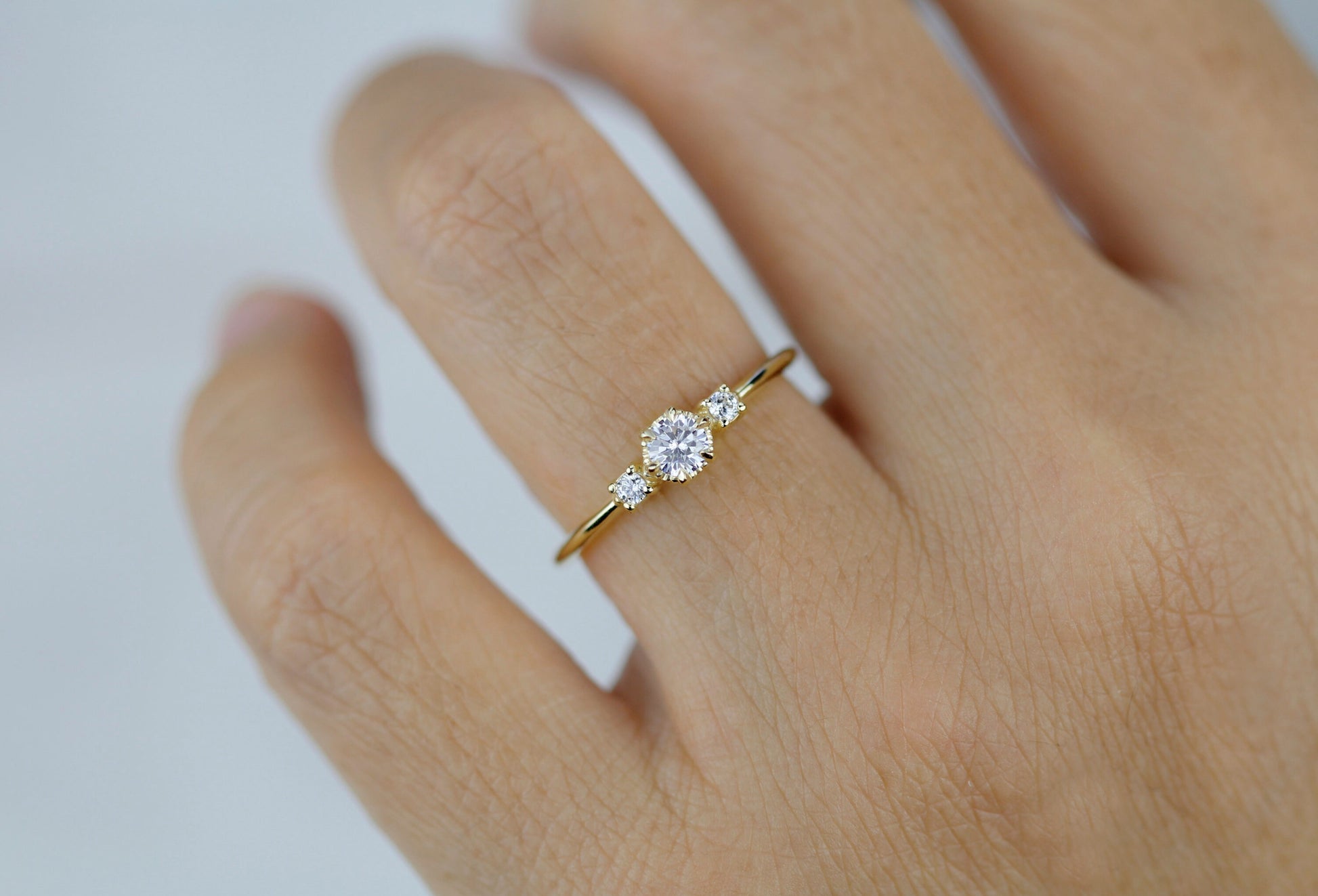 Three stone diamond ring, delicate diamond ring, engagement ring white diamond, minimalist engagement ring, engagement ring