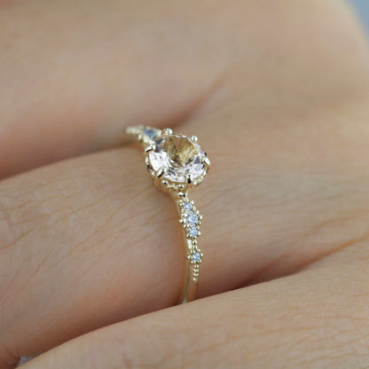 Engagement ring morganite and diamond, peach morganite ring, simple cluster ring, champagne morganite | R 355MORGANITE