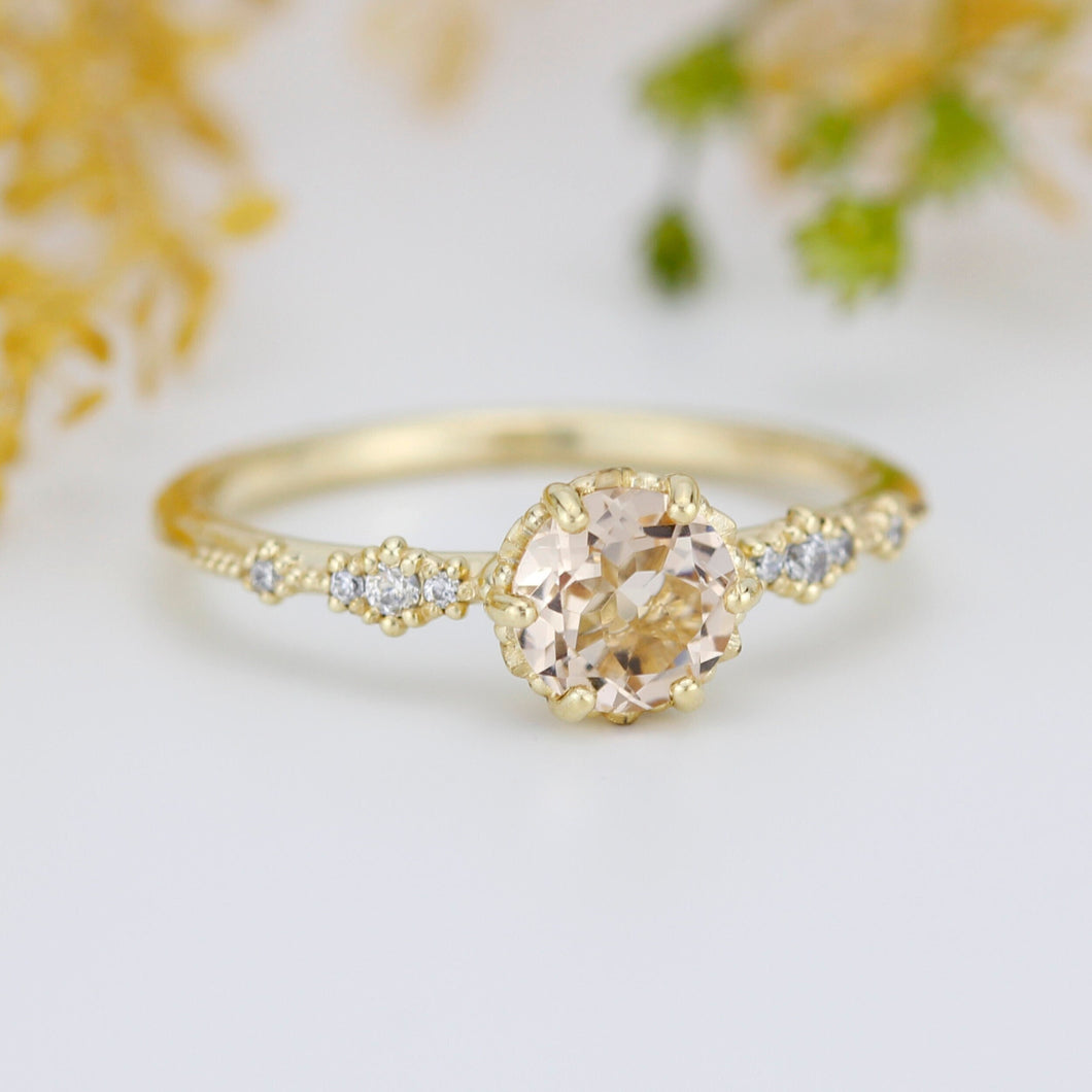 Engagement ring morganite and diamond, peach morganite ring, simple cluster ring, champagne morganite | R 355MORGANITE