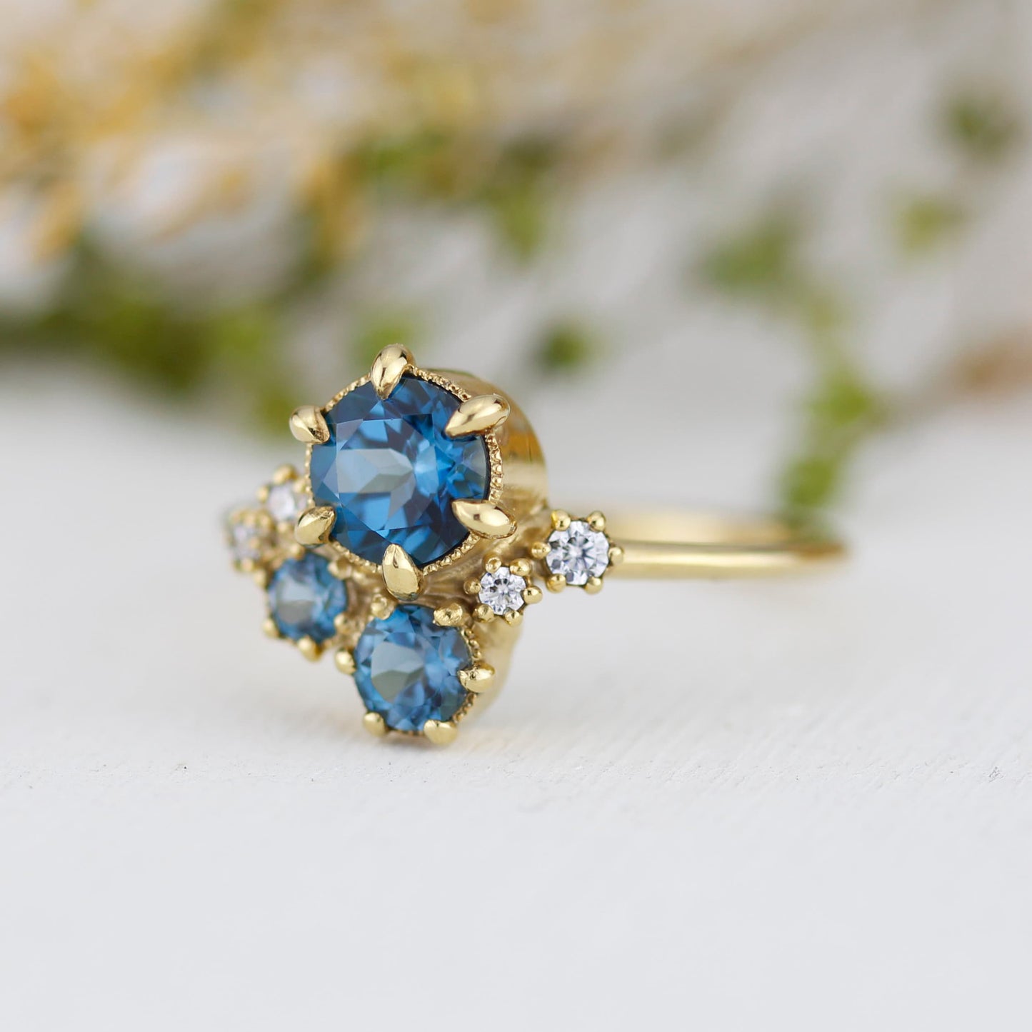 Cluster engagement ring, London blue topaz, unique ring, cluster ring | R361 LBT