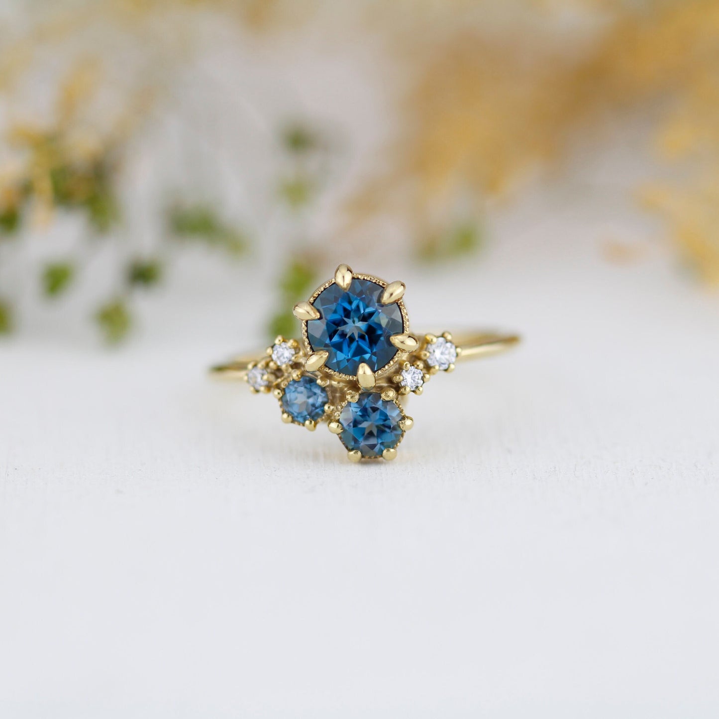 Cluster engagement ring, London blue topaz, unique ring, cluster ring | R361 LBT