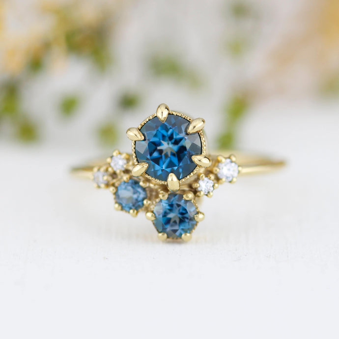Cluster engagement ring, London blue topaz, unique ring, cluster ring | R361 LBT