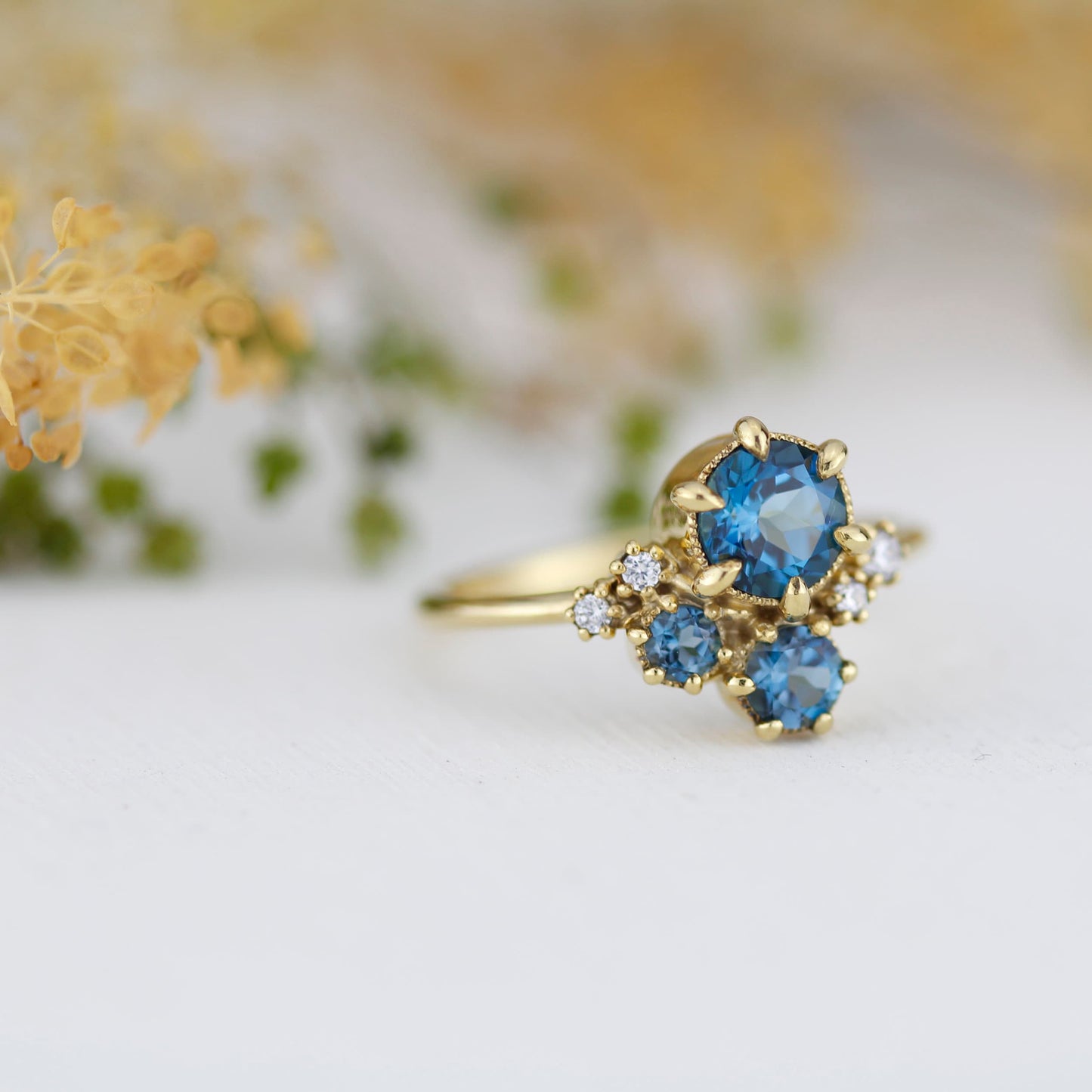 Cluster engagement ring, London blue topaz, unique ring, cluster ring | R361 LBT