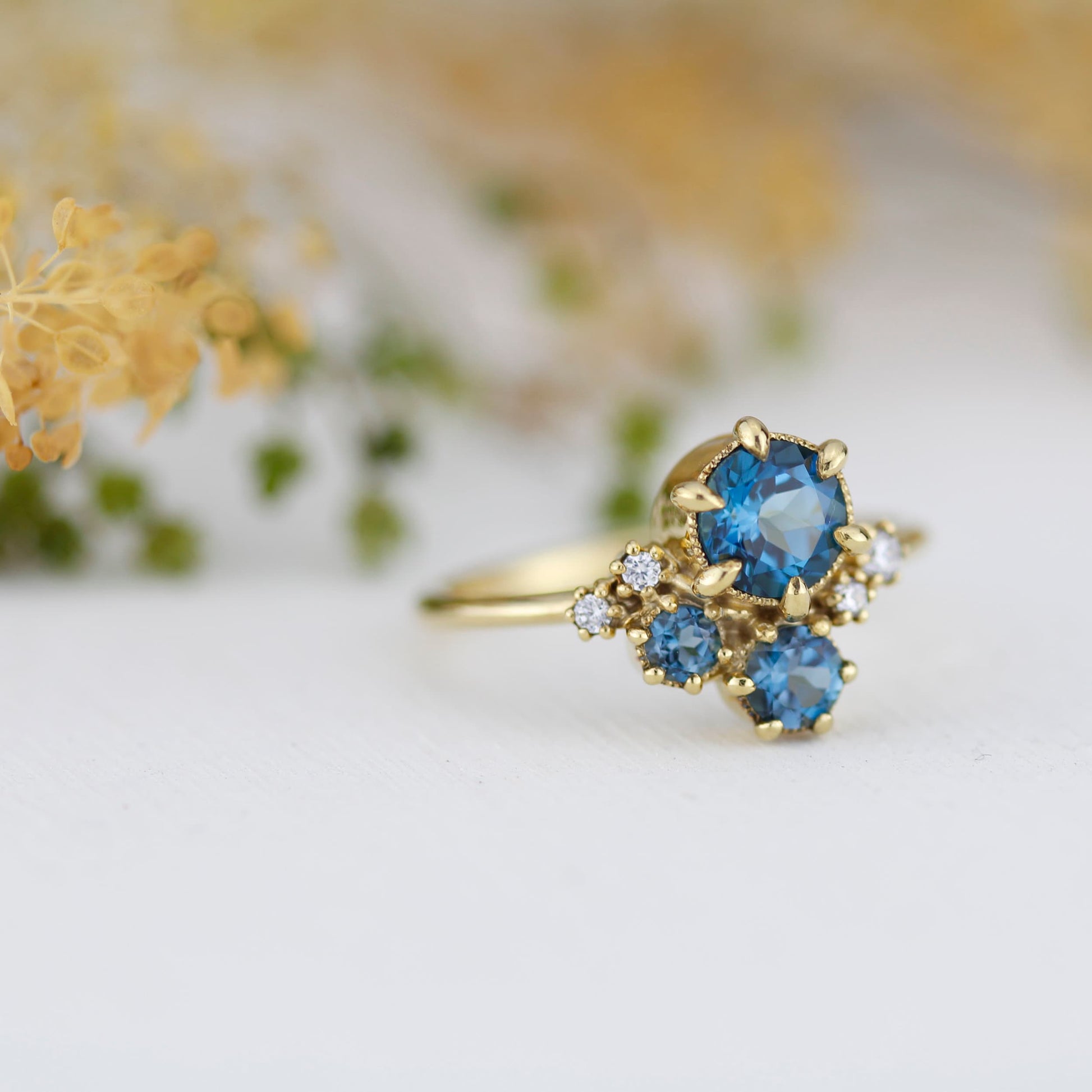 Cluster engagement ring, London blue topaz, unique ring, cluster ring | R361 LBT