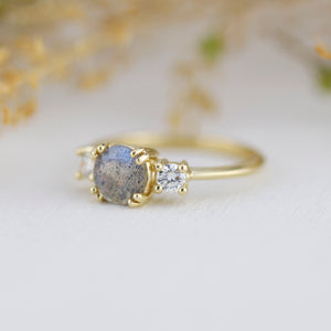 Labradorite engagement ring, three stone ring, 18k gold ring, simple diamond ring, unique ring | R 370