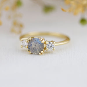 Labradorite engagement ring, three stone ring, 18k gold ring, simple diamond ring, unique ring | R 370