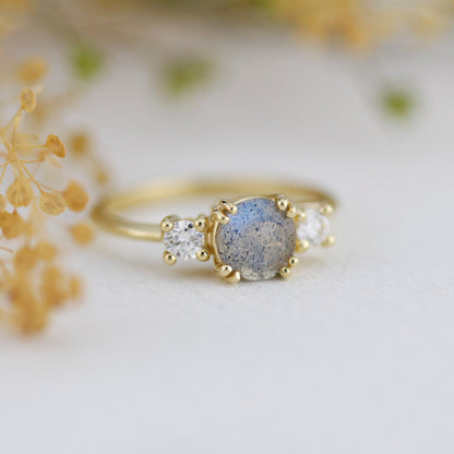 Labradorite engagement ring, three stone ring, 18k gold ring, simple diamond ring, unique ring | R 370