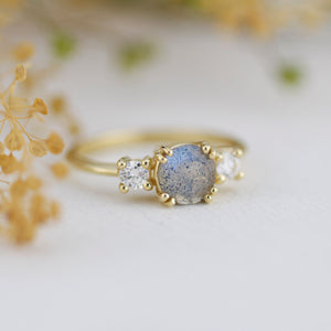 Labradorite engagement ring, three stone ring, 18k gold ring, simple diamond ring, unique ring | R 370