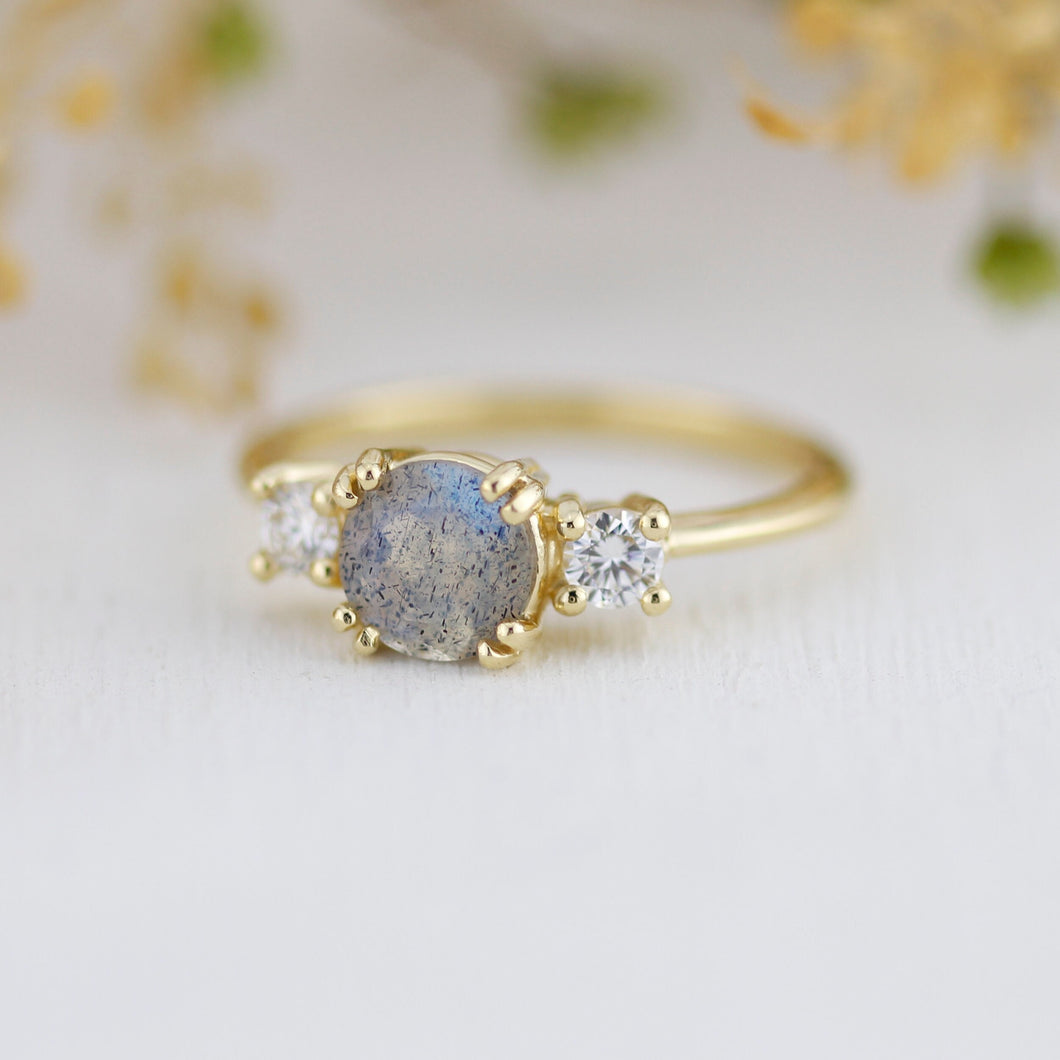 Labradorite engagement ring, three stone ring, 18k gold ring, simple diamond ring, unique ring | R 370