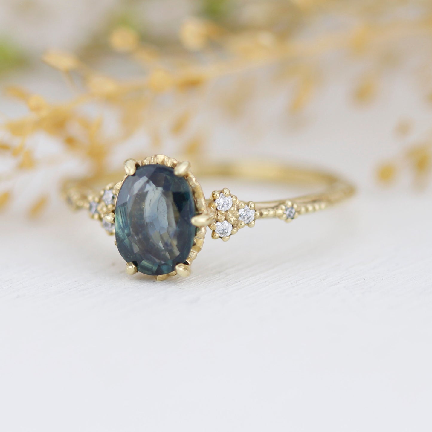 Teal Peacock Sapphire and diamond engagement ring, oval teal ring, vintage teal sapphire ring | R 349TEALS