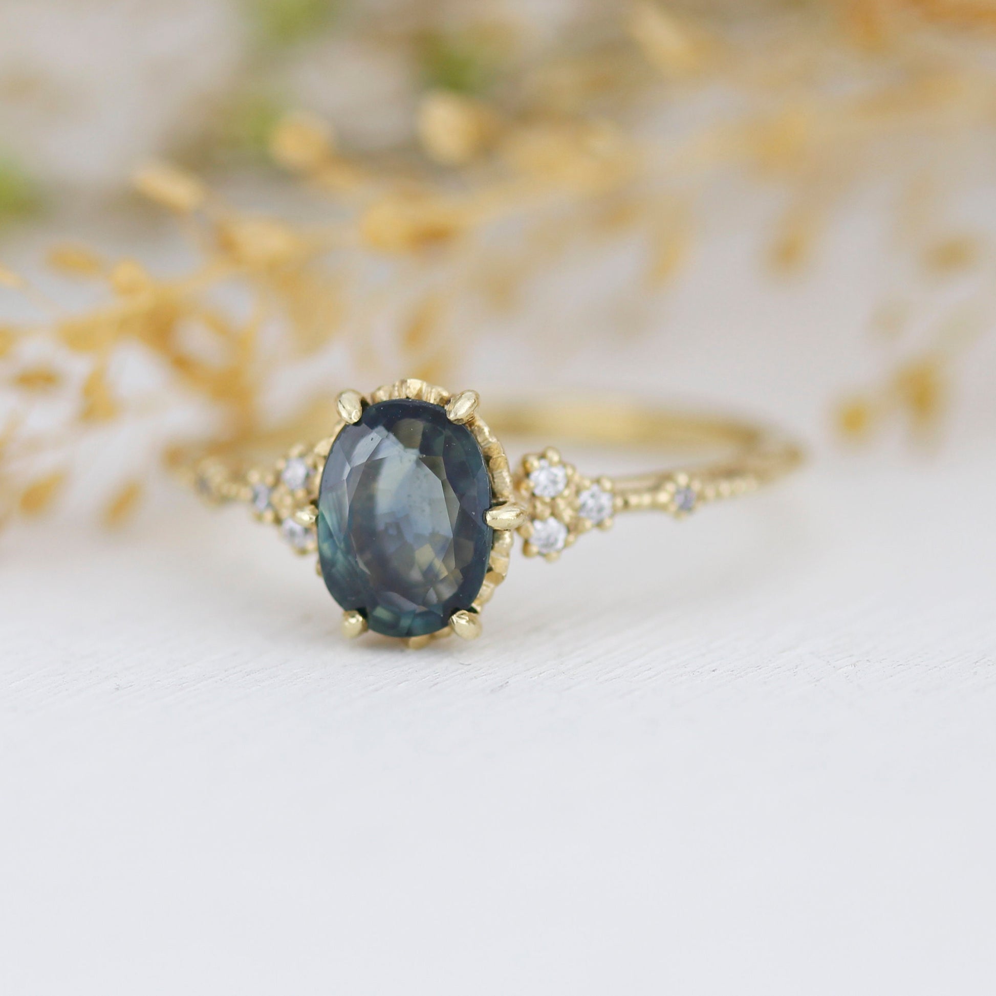 Teal Peacock Sapphire and diamond engagement ring, oval teal ring, vintage teal sapphire ring | R 349TEALS