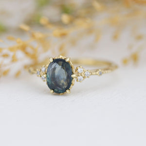 Teal Peacock Sapphire and diamond engagement ring, oval teal ring, vintage teal sapphire ring | R 349TEALS