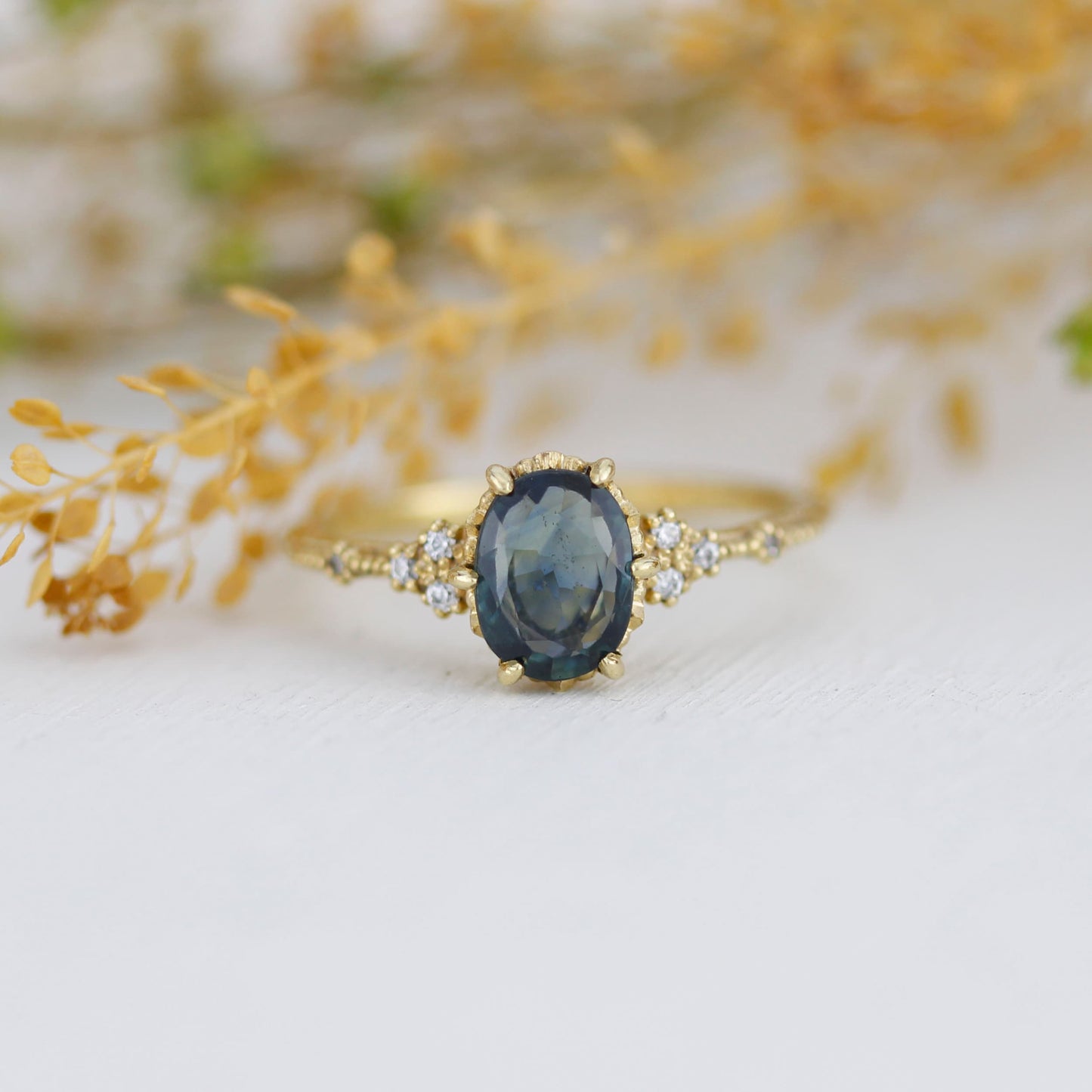 Teal Peacock Sapphire and diamond engagement ring, oval teal ring, vintage teal sapphire ring | R 349TEALS