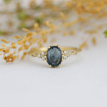 Teal Peacock Sapphire and diamond engagement ring, oval teal ring, vintage teal sapphire ring | R 349TEALS