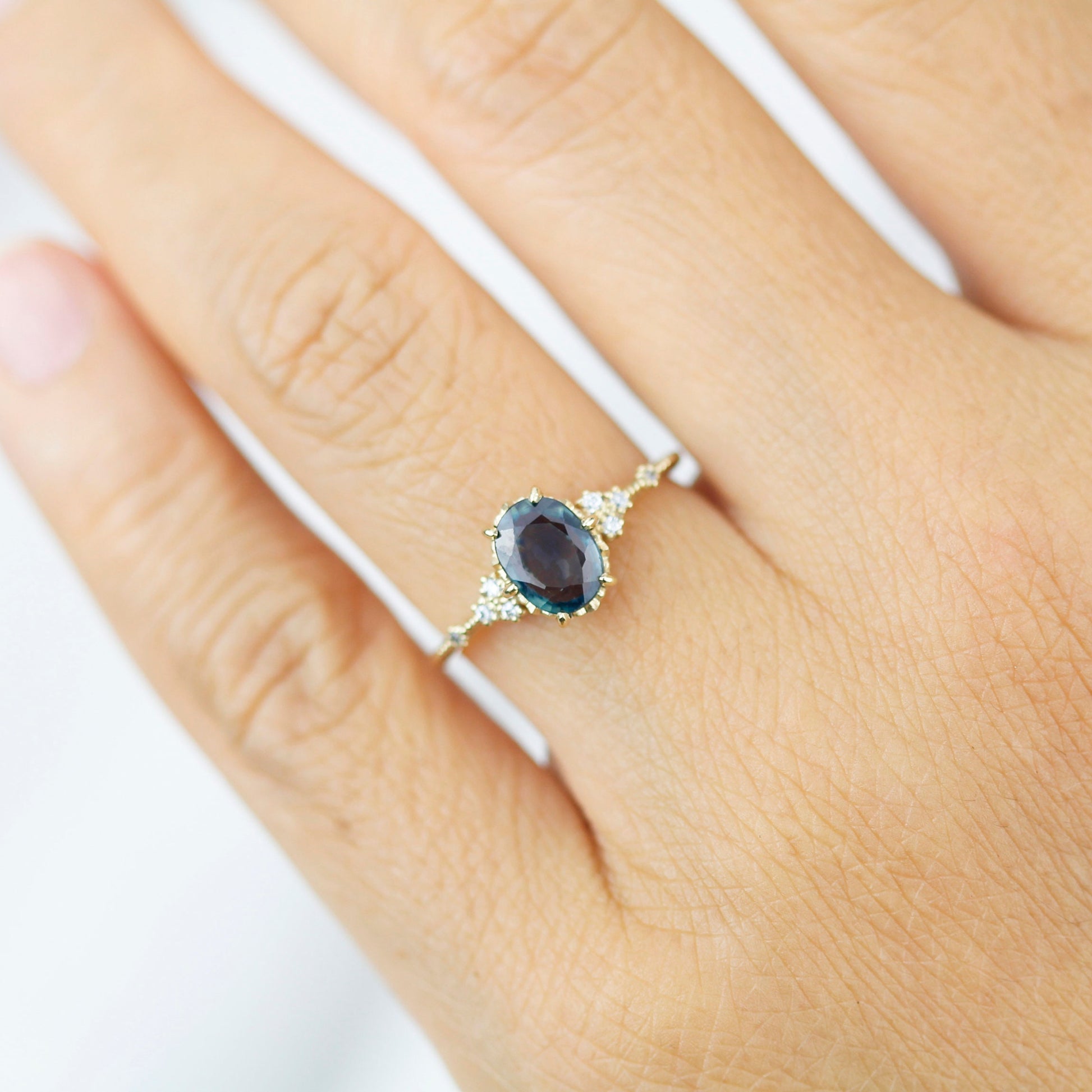 Teal Peacock Sapphire and diamond engagement ring, oval teal ring, vintage teal sapphire ring | R 349TEALS