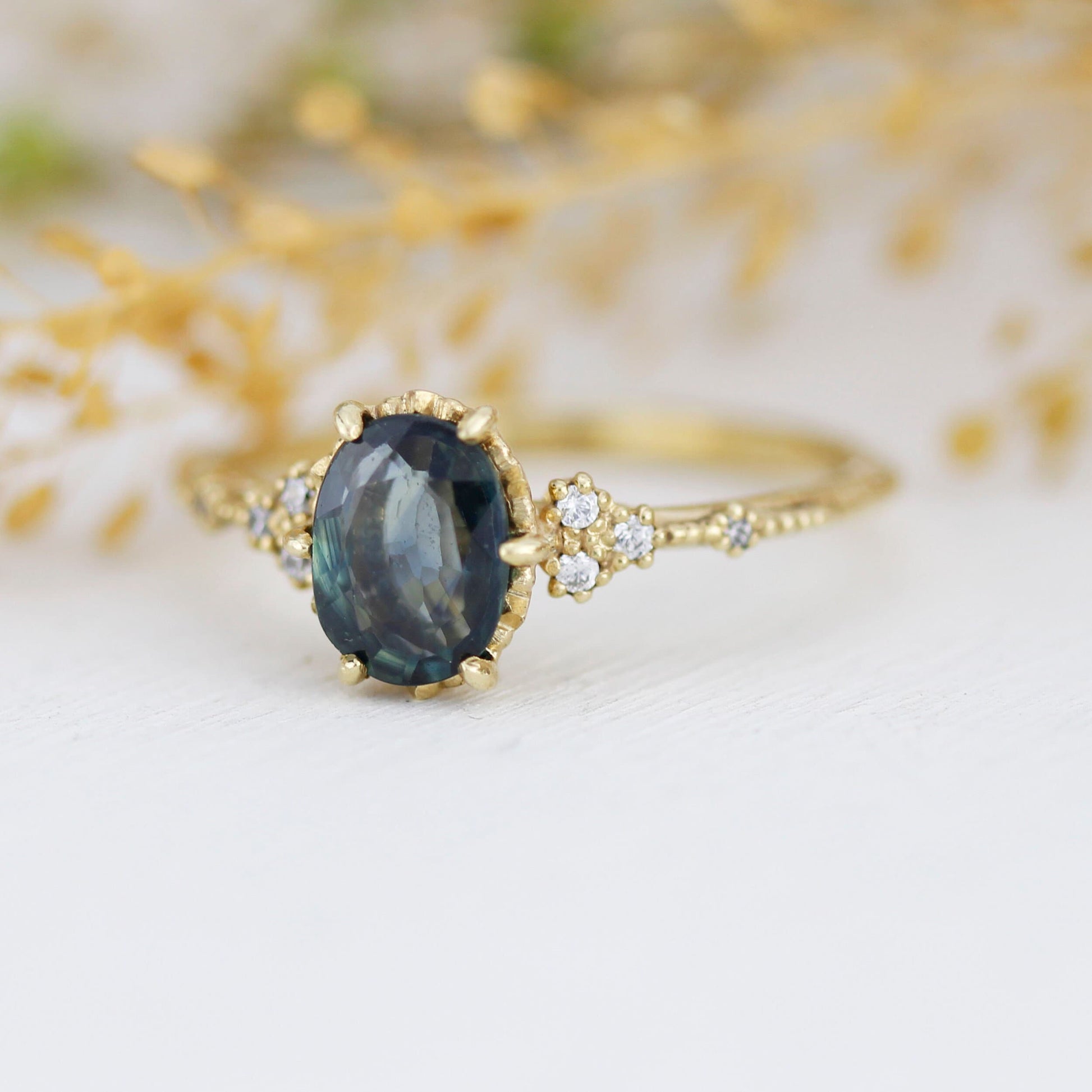 Teal Peacock Sapphire and diamond engagement ring, oval teal ring, vintage teal sapphire ring | R 349TEALS