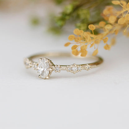 Oval diamond engagement ring, simple and dainty ring, oval cluster ring | R322 OVAL WD