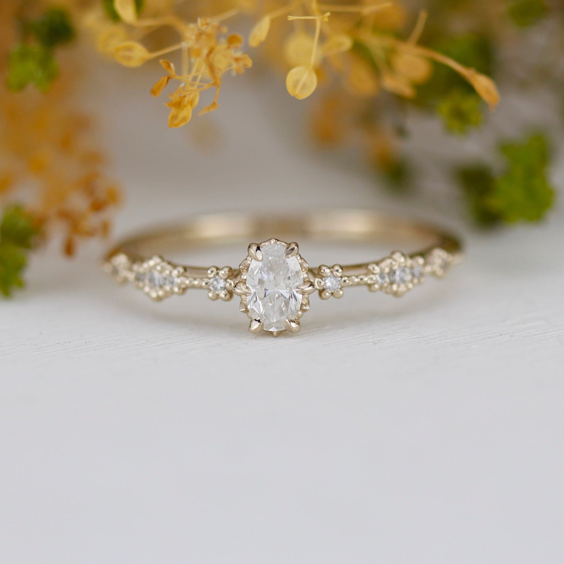 Oval diamond engagement ring, simple and dainty ring, oval cluster ring | R322 OVAL WD