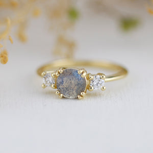 Labradorite engagement ring, three stone ring, 18k gold ring, simple diamond ring, unique ring | R 370