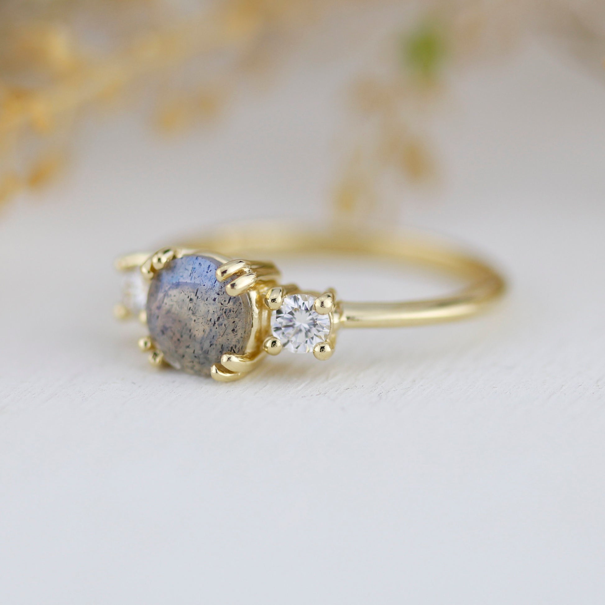 Labradorite engagement ring, three stone ring, 18k gold ring, simple diamond ring, unique ring | R 370