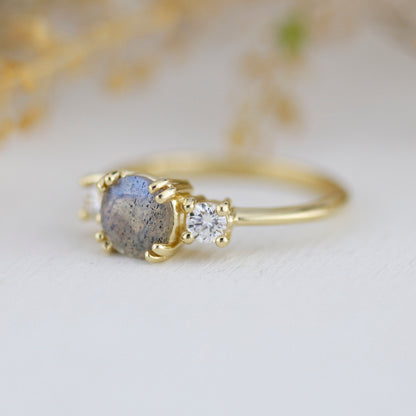 Labradorite engagement ring, three stone ring, 18k gold ring, simple diamond ring, unique ring | R 370
