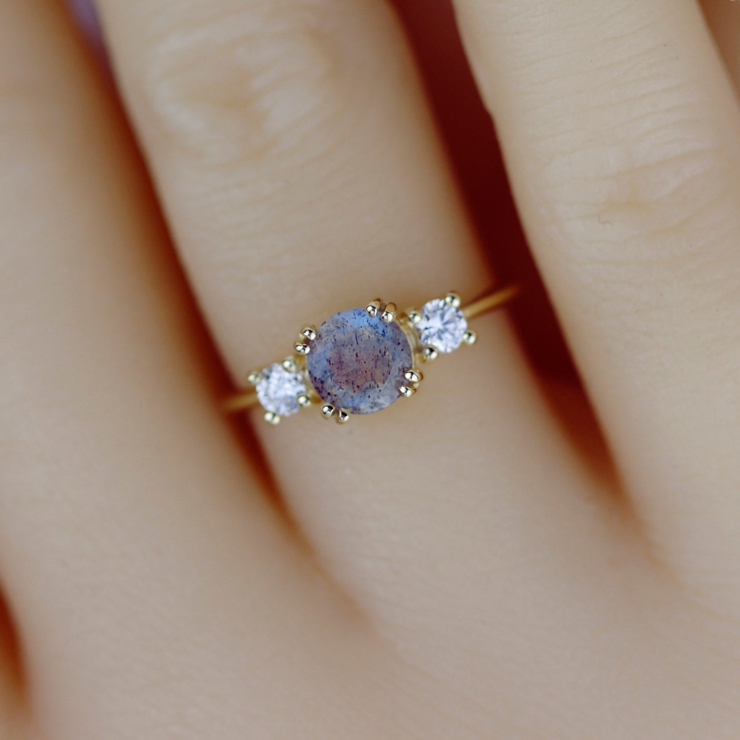Labradorite engagement ring, three stone ring, 18k gold ring, simple diamond ring, unique ring | R 370
