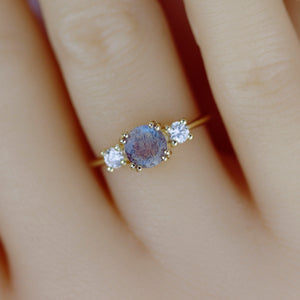 Labradorite engagement ring, three stone ring, 18k gold ring, simple diamond ring, unique ring | R 370