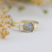 Load image into Gallery viewer, Labradorite engagement ring, three stone ring, 18k gold ring, simple diamond ring, unique ring | R 370