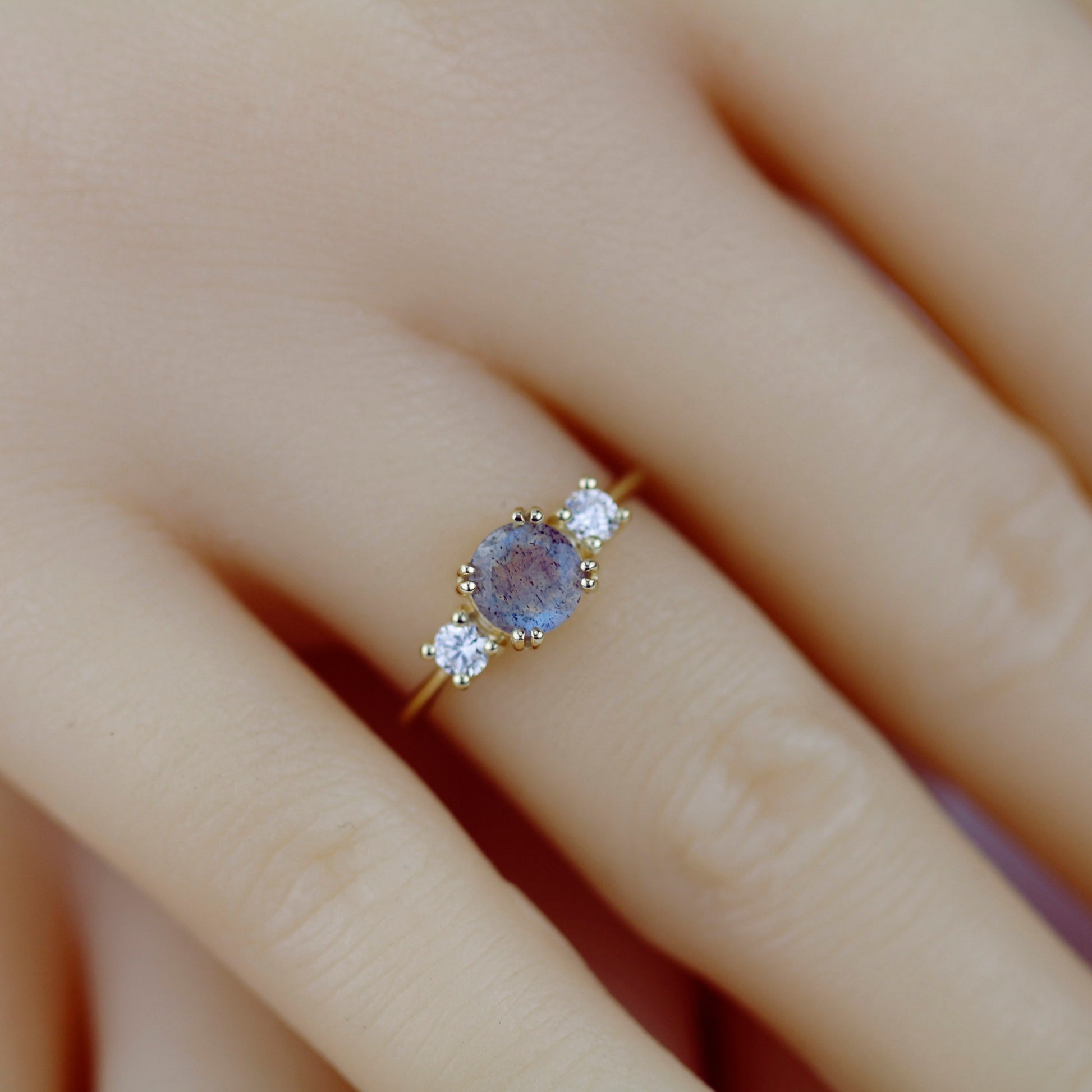 Labradorite engagement ring, three stone ring, 18k gold ring, simple diamond ring, unique ring | R 370