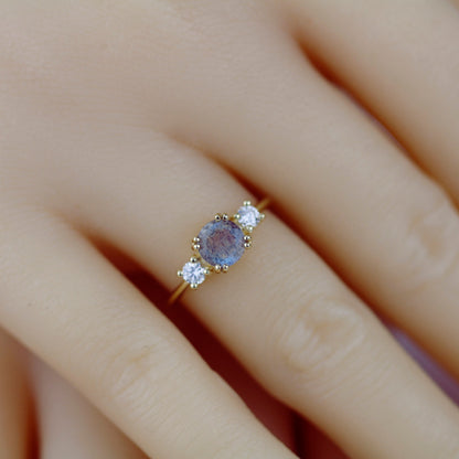 Labradorite engagement ring, three stone ring, 18k gold ring, simple diamond ring, unique ring | R 370
