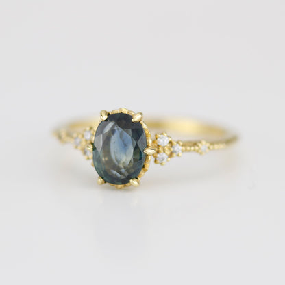 Teal Peacock Sapphire and diamond engagement ring, oval teal ring, vintage teal sapphire ring | R 349TEALS