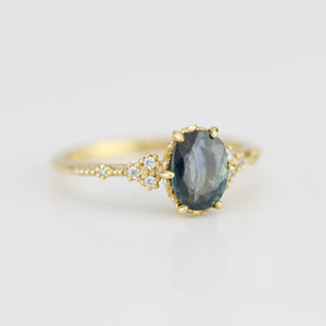 Teal Peacock Sapphire and diamond engagement ring, oval teal ring, vintage teal sapphire ring | R 349TEALS