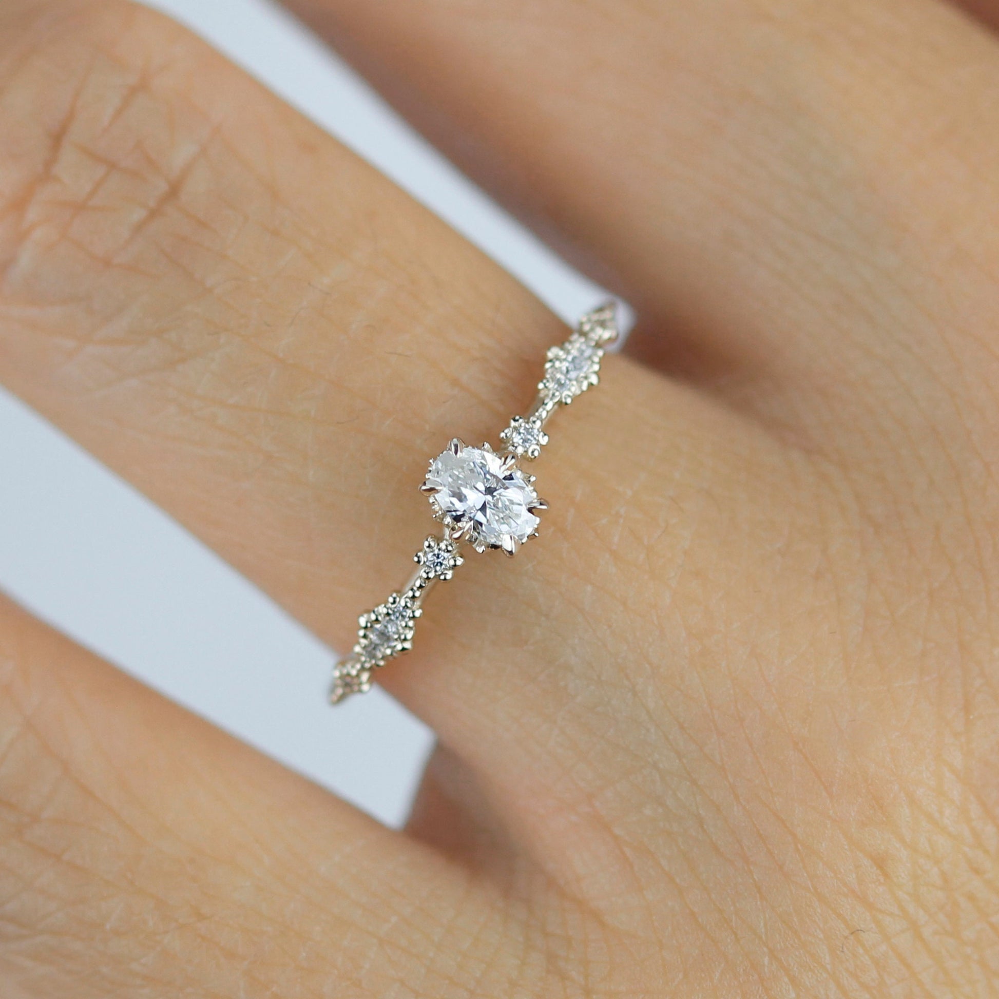 Oval diamond engagement ring, simple and dainty ring, oval cluster ring | R322 OVAL WD