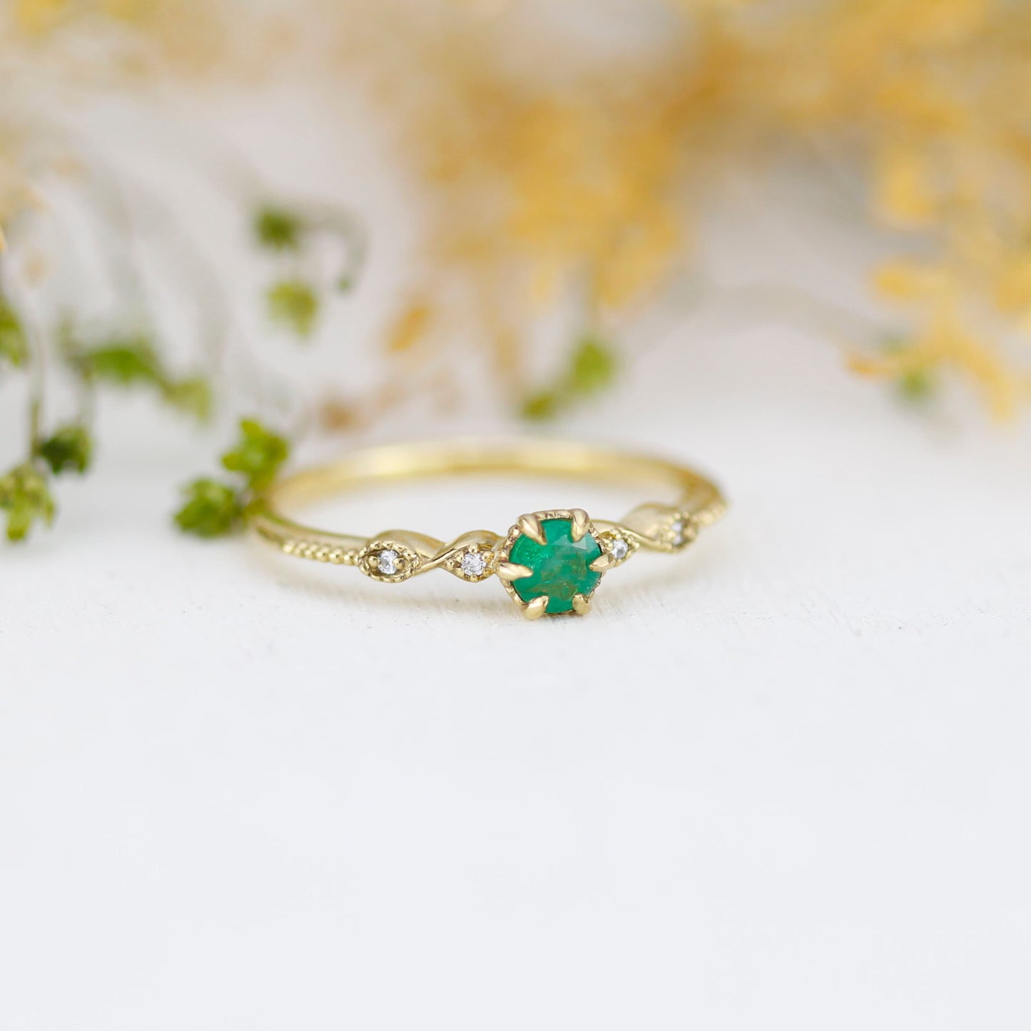 Emerald and diamond engagement ring, cross over ring, vintage engagement ring emerald | R 363EMERALD