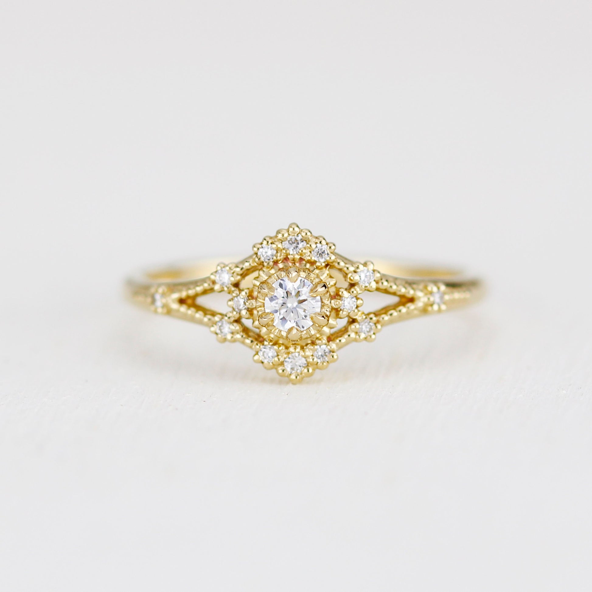 Vintage engagement ring women, 18k vintage inspired ring, filigree ring diamond, Unique round diamond ring | R373WD