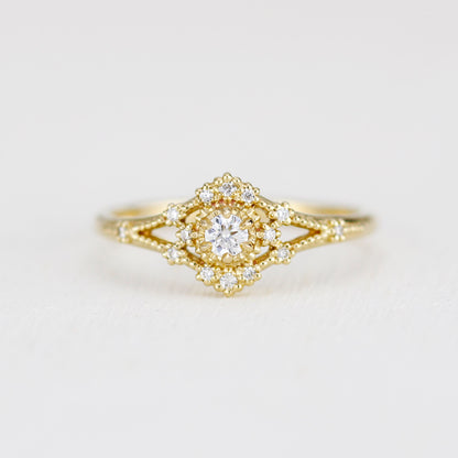 Vintage engagement ring women, 18k vintage inspired ring, filigree ring diamond, Unique round diamond ring | R373WD