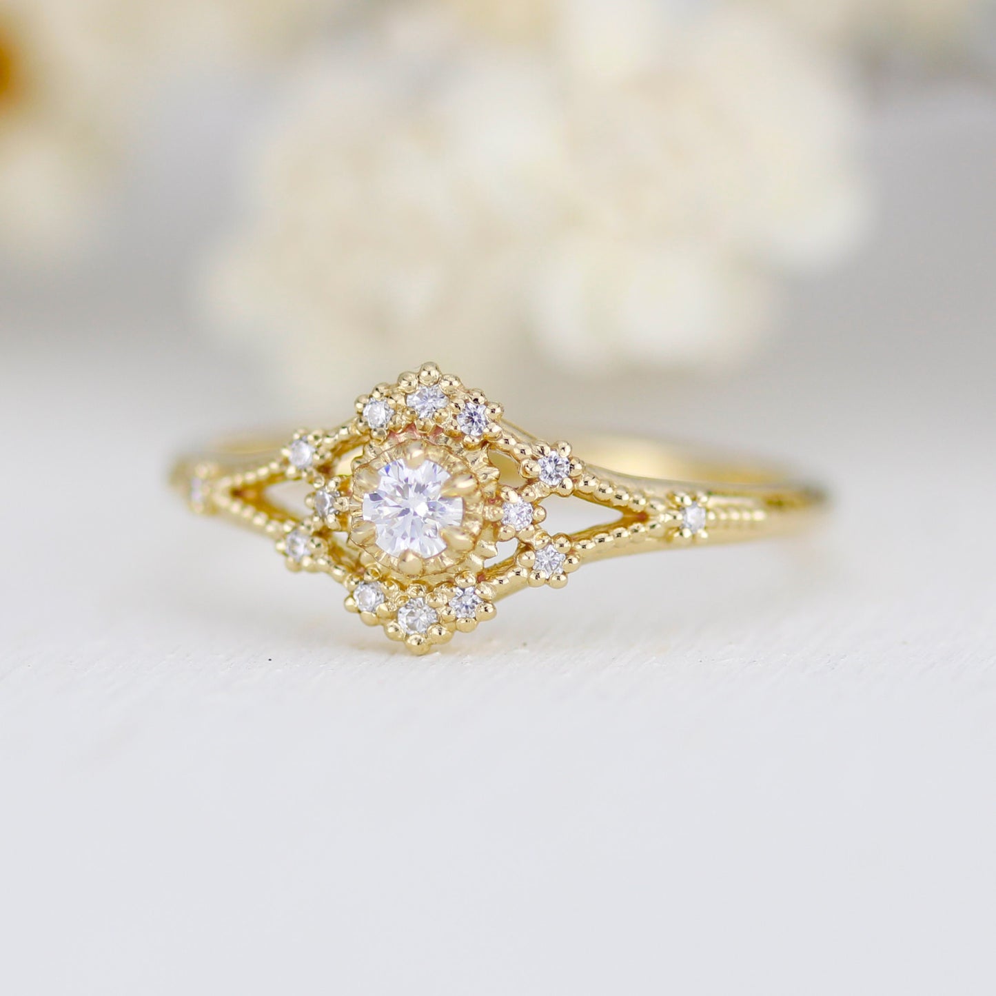Vintage engagement ring women, 18k vintage inspired ring, filigree ring diamond, Unique round diamond ring | R373WD