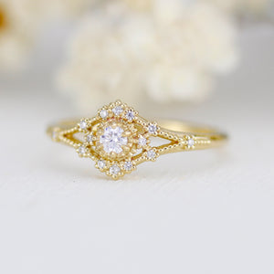 Vintage engagement ring women, 18k vintage inspired ring, filigree ring diamond, Unique round diamond ring | R373WD