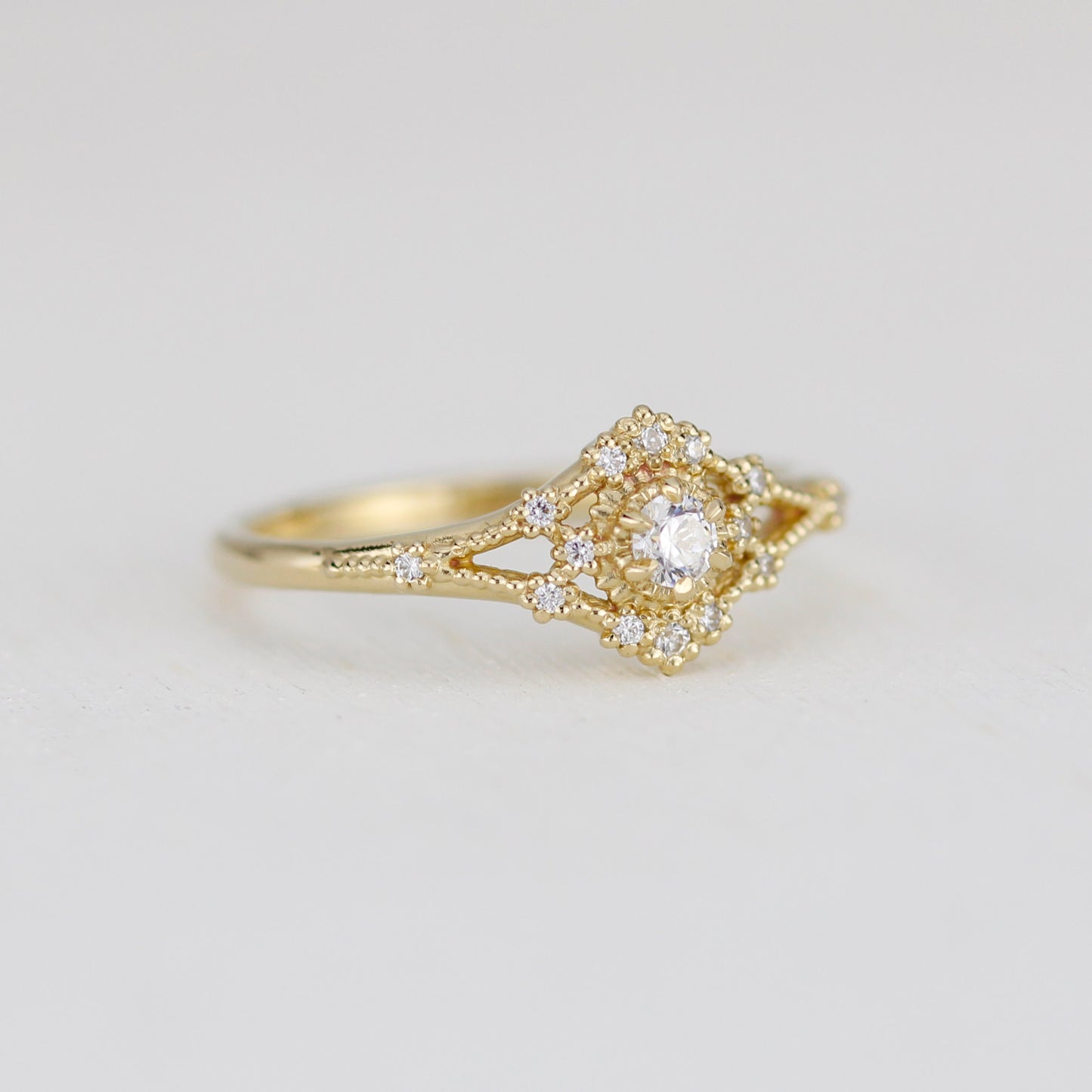 Vintage engagement ring women, 18k vintage inspired ring, filigree ring diamond, Unique round diamond ring | R373WD