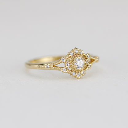 Vintage engagement ring women, 18k vintage inspired ring, filigree ring diamond, Unique round diamond ring | R373WD