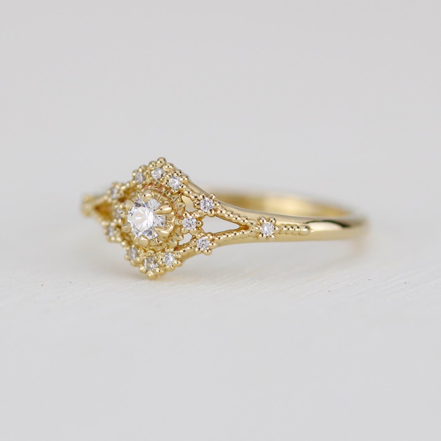 Vintage engagement ring women, 18k vintage inspired ring, filigree ring diamond, Unique round diamond ring | R373WD