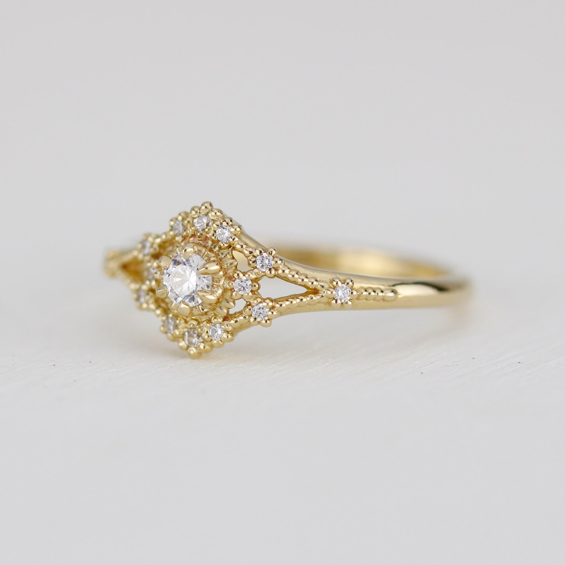 Vintage engagement ring women, 18k vintage inspired ring, filigree ring diamond, Unique round diamond ring | R373WD