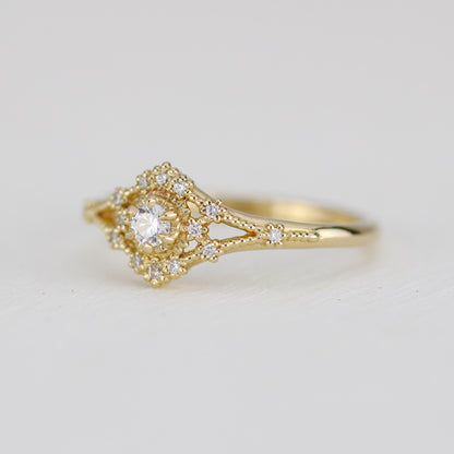 Vintage engagement ring women, 18k vintage inspired ring, filigree ring diamond, Unique round diamond ring | R373WD