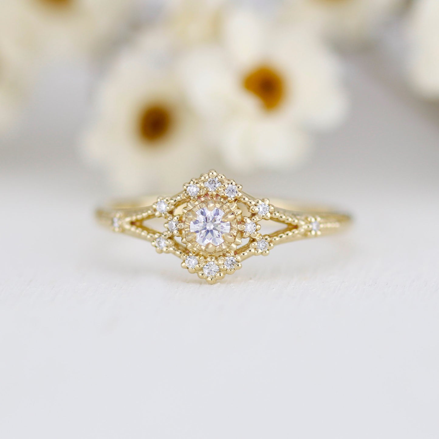 Vintage engagement ring women, 18k vintage inspired ring, filigree ring diamond, Unique round diamond ring | R373WD