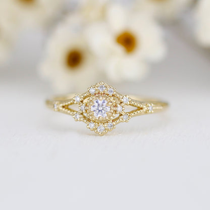 Vintage engagement ring women, 18k vintage inspired ring, filigree ring diamond, Unique round diamond ring | R373WD