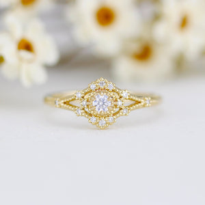 Vintage engagement ring women, 18k vintage inspired ring, filigree ring diamond, Unique round diamond ring | R373WD