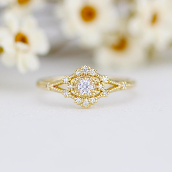 Vintage engagement ring women, 18k vintage inspired ring, filigree ring diamond, Unique round diamond ring | R373WD