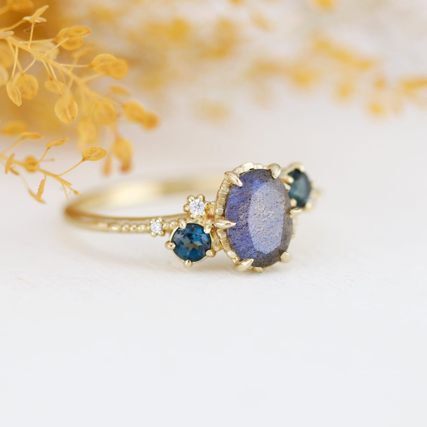 Oval Labradorite and london blue topaz engagement Ring| R 376 LAB LBT