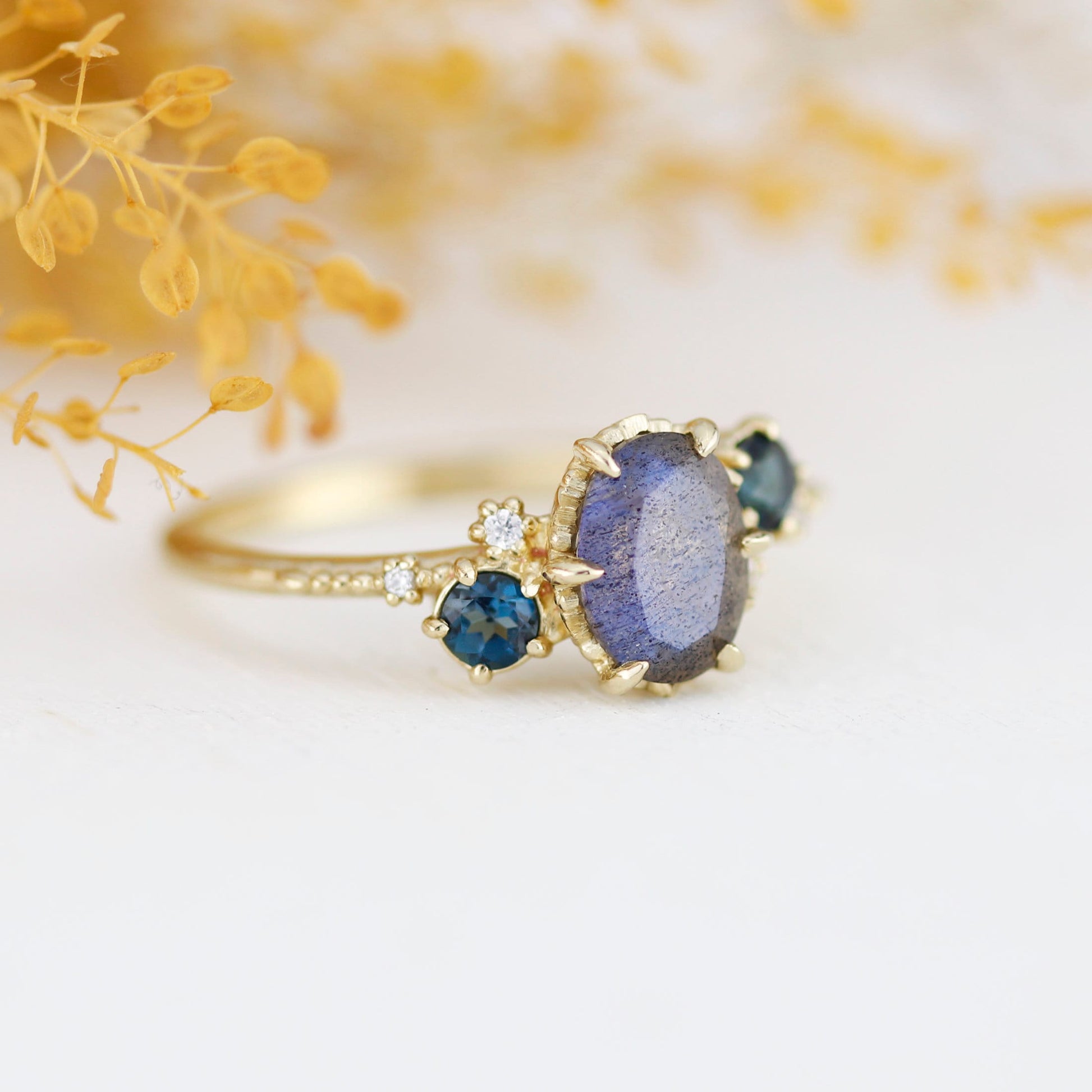 Oval Labradorite and london blue topaz engagement Ring| R 376 LAB LBT